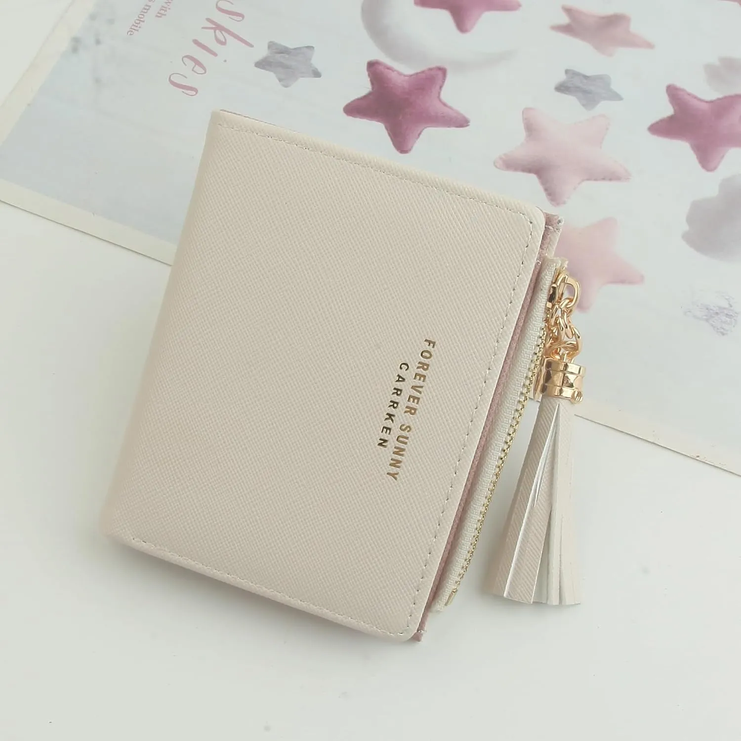 Belsmi Women's Small Compact Slim Leather Mini Wallet RFID Blocking Lady Purse Zipper Pocket Card Organizer Bifold Wallets (Pink Beige)