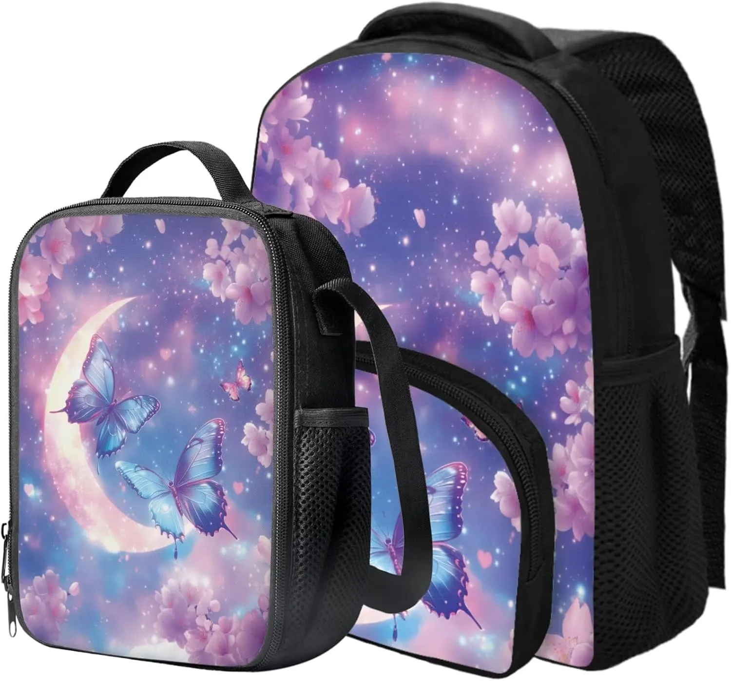 Butterfly Backpack for Girls with Lunchbox Cherry Blossom Insulated Lunch Bag for Preschool Set of 2 Lightweight Diaper Bags with Pockets Toddlers Daily Essential