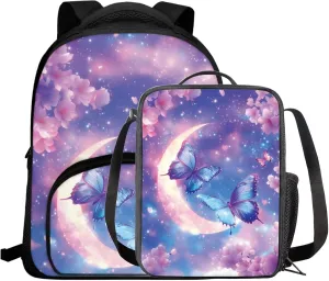 Butterfly Backpack for Girls with Lunchbox Cherry Blossom Insulated Lunch Bag for Preschool Set of 2 Lightweight Diaper Bags with Pockets Toddlers Daily Essential