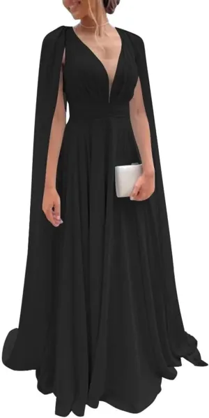 Cape Sleeve Bridesmaid Dresses for Wedding A Line 2025 Prom Dress Chiffon V Neck Formal Evening Gown Black 12