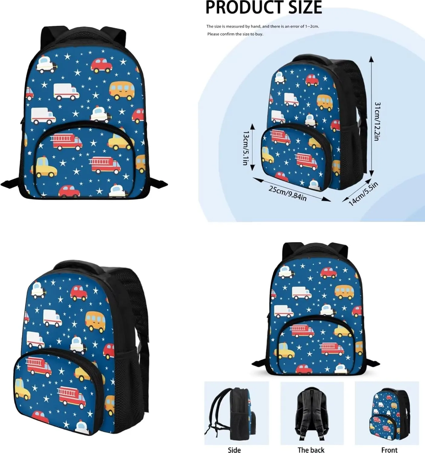 Car Backpack Toddler Boy 2 Pcs Star School Bag for Boys 5-6 Years Old Lightweight 12 Inch Diaper Backpack with Two Compartments Kindergarten Essential