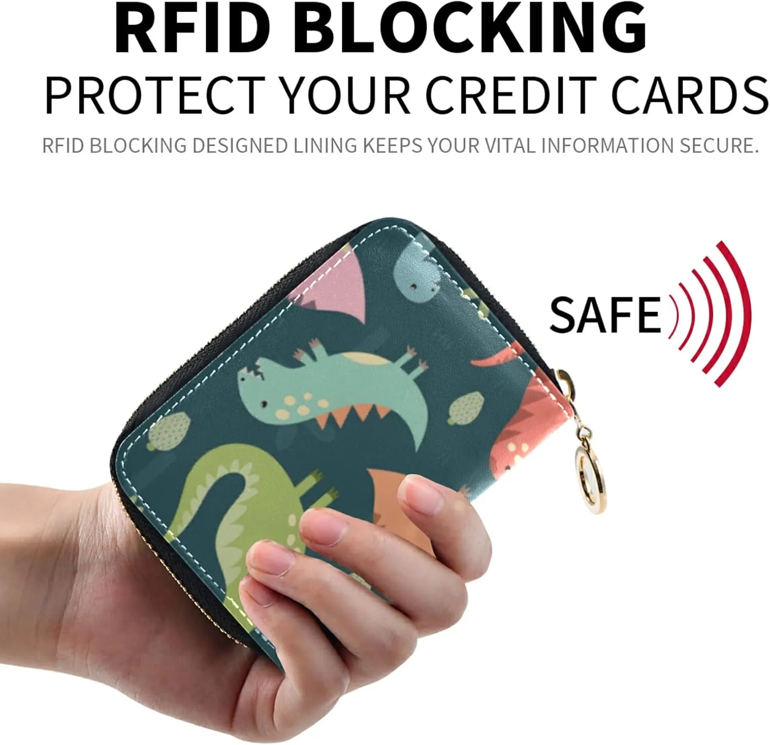Colorful Funny Dinosaurs Seamless PatternGrey Credit Card Coin wallet, RFID Blocking Compact Women Leather Card Holder, Key Change Organizer, Zipper Purse Clutch Pouch