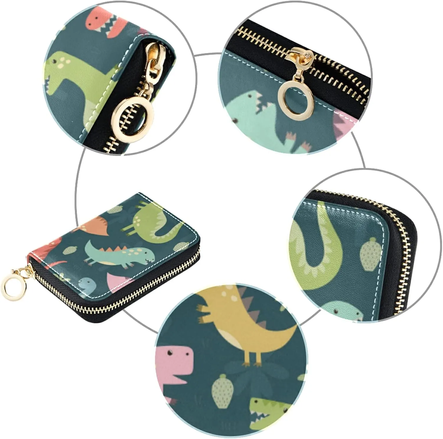 Colorful Funny Dinosaurs Seamless PatternGrey Credit Card Coin wallet, RFID Blocking Compact Women Leather Card Holder, Key Change Organizer, Zipper Purse Clutch Pouch