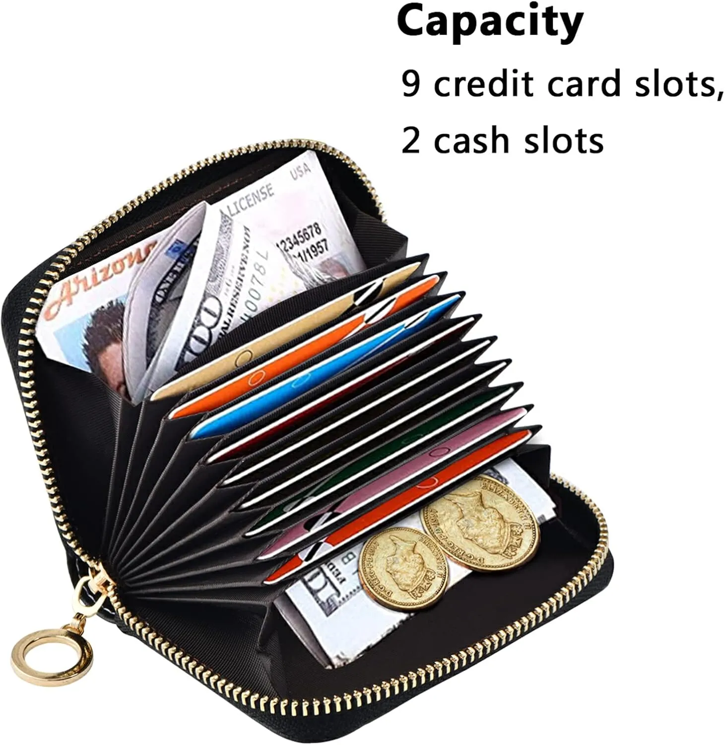 Colorful Funny Dinosaurs Seamless PatternGrey Credit Card Coin wallet, RFID Blocking Compact Women Leather Card Holder, Key Change Organizer, Zipper Purse Clutch Pouch