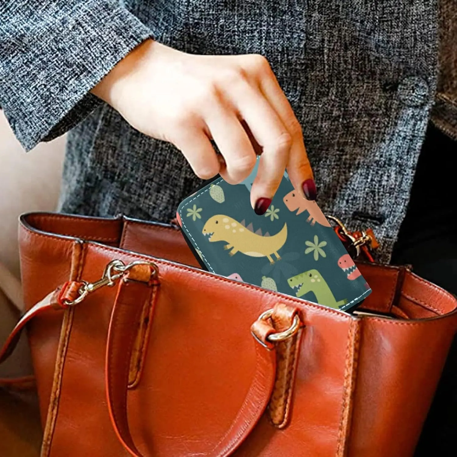 Colorful Funny Dinosaurs Seamless PatternGrey Credit Card Coin wallet, RFID Blocking Compact Women Leather Card Holder, Key Change Organizer, Zipper Purse Clutch Pouch
