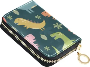 Colorful Funny Dinosaurs Seamless PatternGrey Credit Card Coin wallet, RFID Blocking Compact Women Leather Card Holder, Key Change Organizer, Zipper Purse Clutch Pouch