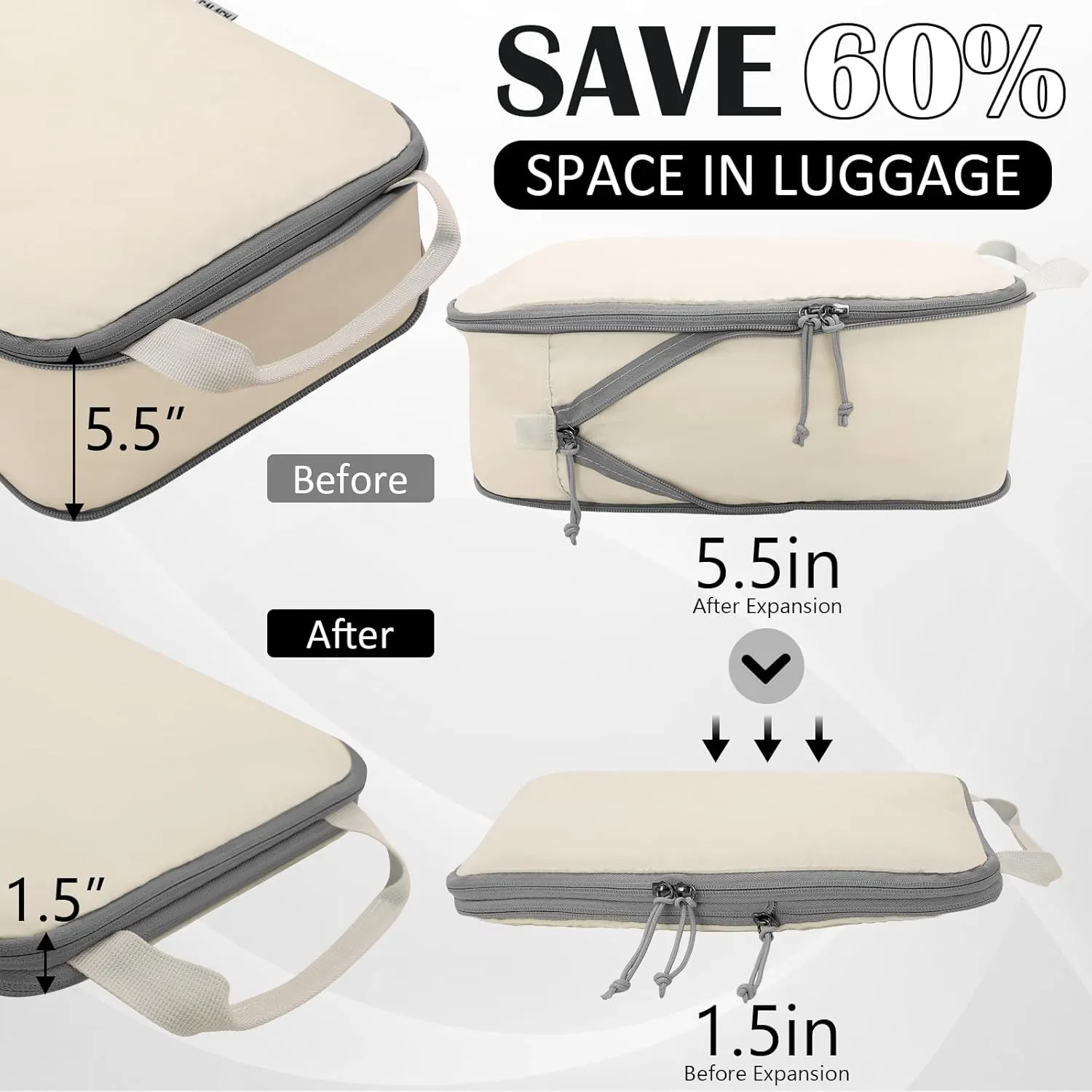 Compression Packing Cubes for Travel Essential, 2 Set Compression Bags Travel Cubes for Packing Suitcase Luggage Organizer Bags Set, Beige