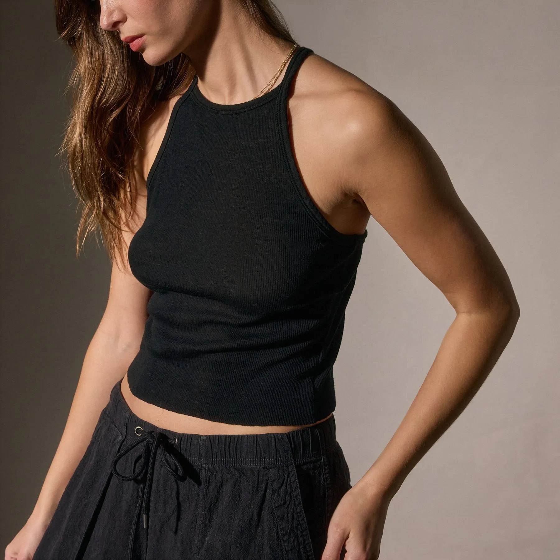 Cotton Cashmere Ribbed Racer Back Tank - Black