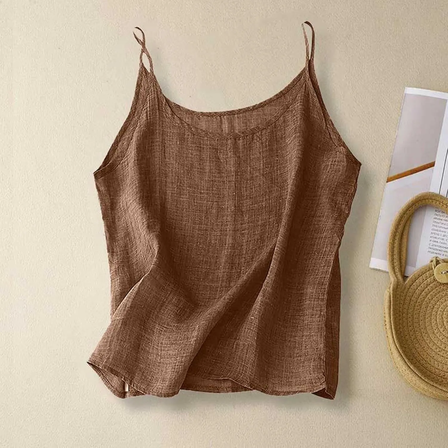 Cotton Linen Camisole Tops for Women 2025 Spaghetti Strap Loose Fit Tank Top Cami Summer Casual Sleeveless Shirts