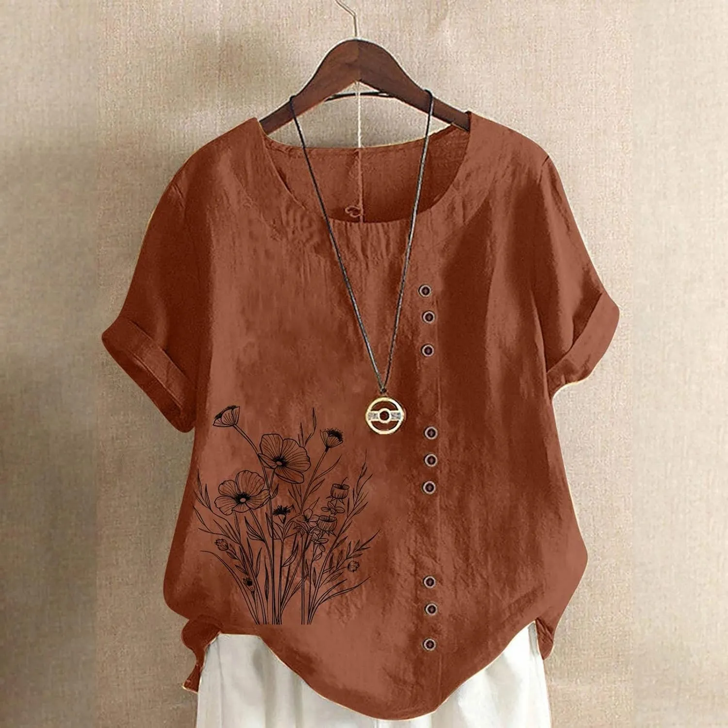 Cotton Linen Top for Women 2025 Boho Floral Short Sleeve Crewneck Short Sleeve Tshirt Floral Printed Loose Blouse