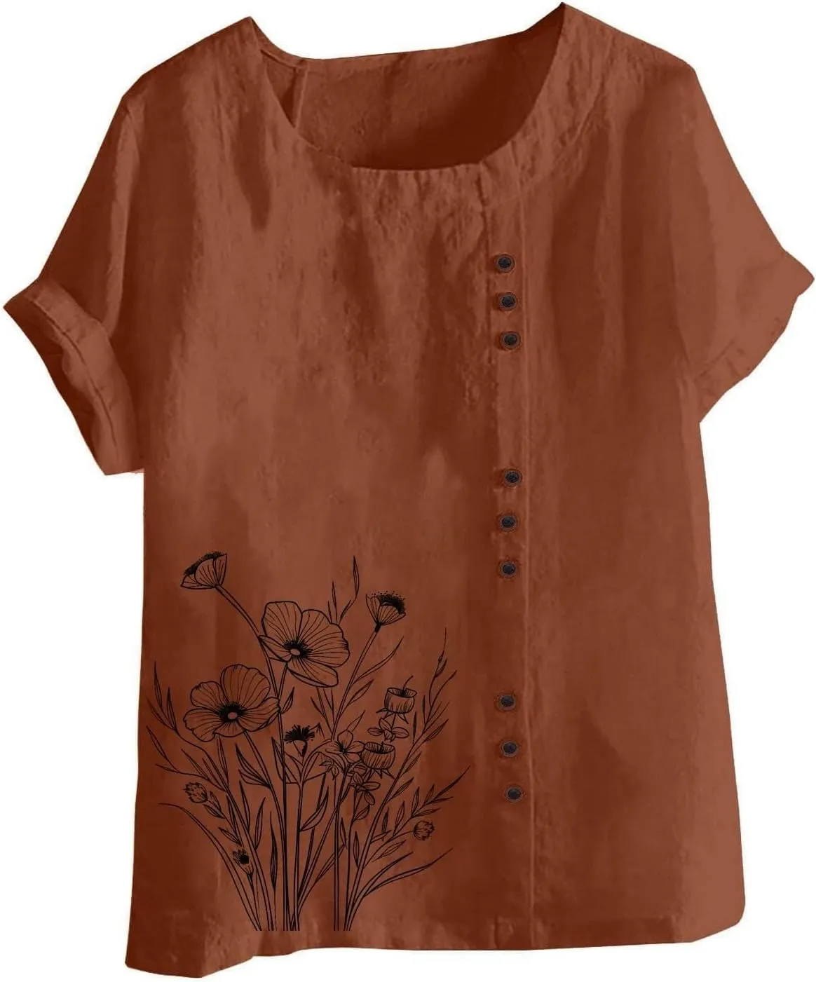 Cotton Linen Top for Women 2025 Boho Floral Short Sleeve Crewneck Short Sleeve Tshirt Floral Printed Loose Blouse