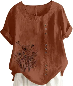 Cotton Linen Top for Women 2025 Boho Floral Short Sleeve Crewneck Short Sleeve Tshirt Floral Printed Loose Blouse