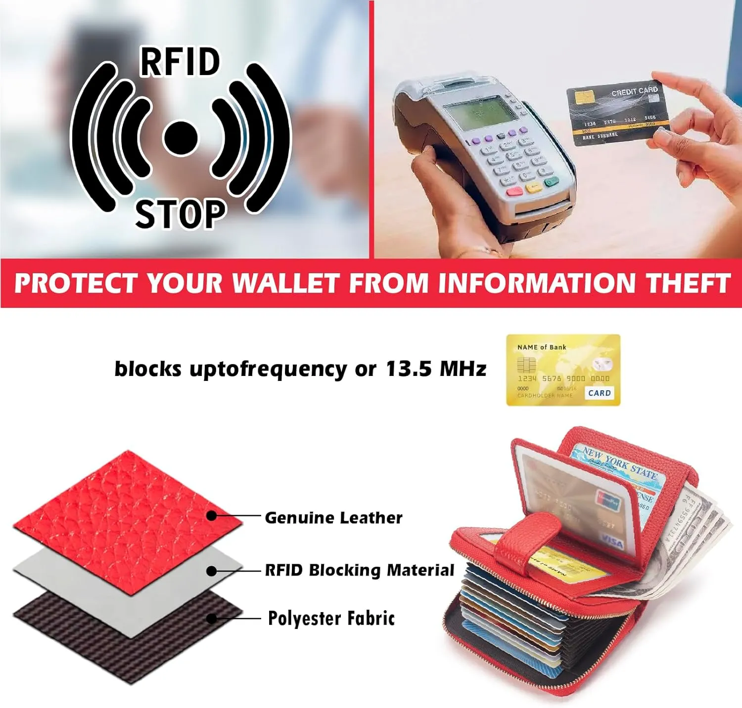 Credit Card Holder Wallet for Women, RFID Blocking Genuine Leather Credit Card Case, Ladies Folded Purse Large Capacity Travel Compact Wallet with Zipper Pocket, Red