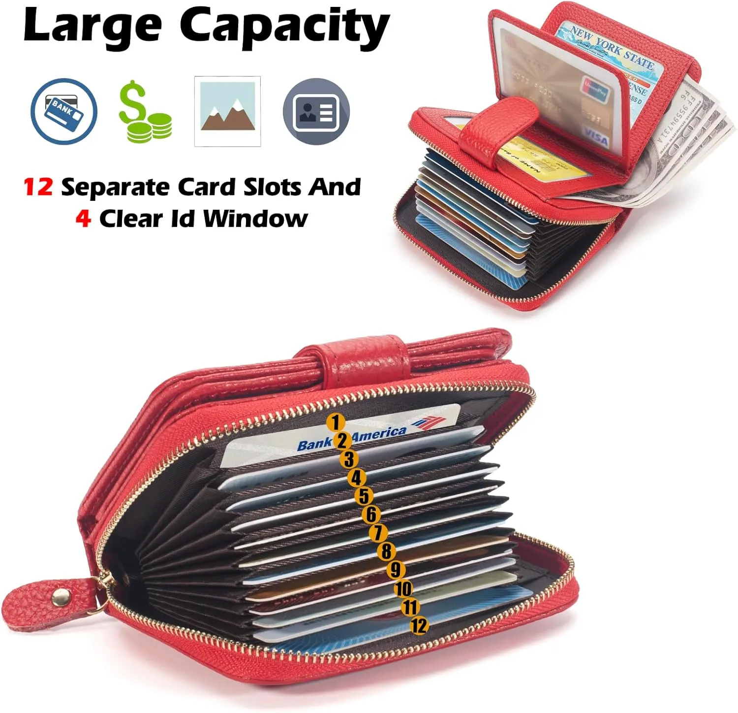 Credit Card Holder Wallet for Women, RFID Blocking Genuine Leather Credit Card Case, Ladies Folded Purse Large Capacity Travel Compact Wallet with Zipper Pocket, Red