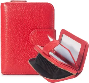 Credit Card Holder Wallet for Women, RFID Blocking Genuine Leather Credit Card Case, Ladies Folded Purse Large Capacity Travel Compact Wallet with Zipper Pocket, Red