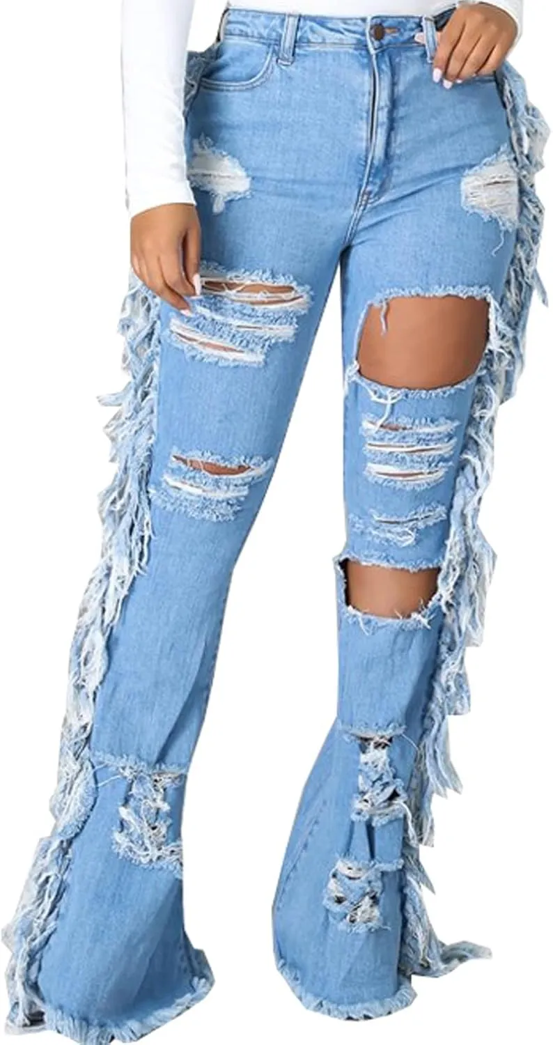 CuteCherry Bell Bottom Jeans for Women Ripped Skinny Bell Bottom Raw Hem Denim Pants