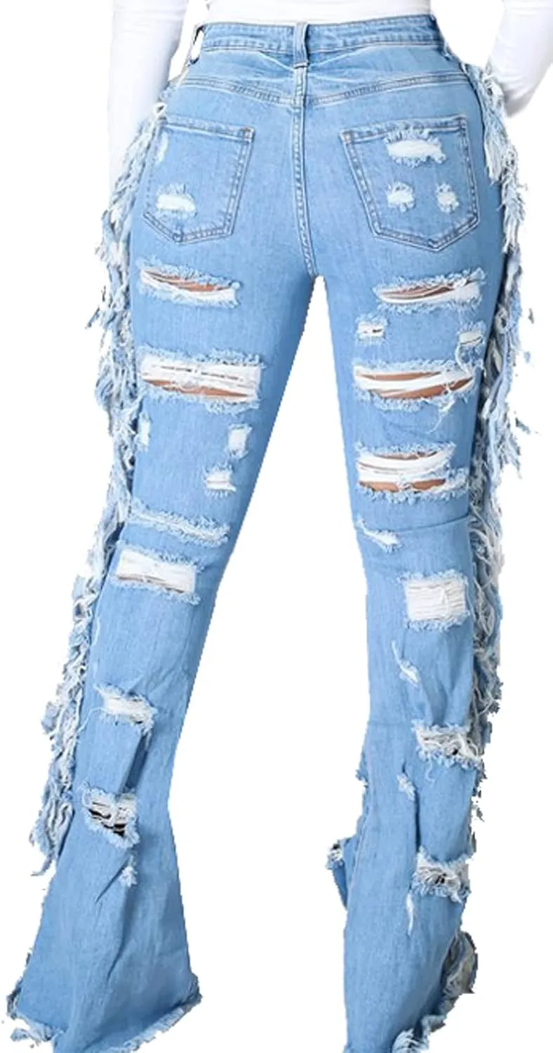 CuteCherry Bell Bottom Jeans for Women Ripped Skinny Bell Bottom Raw Hem Denim Pants