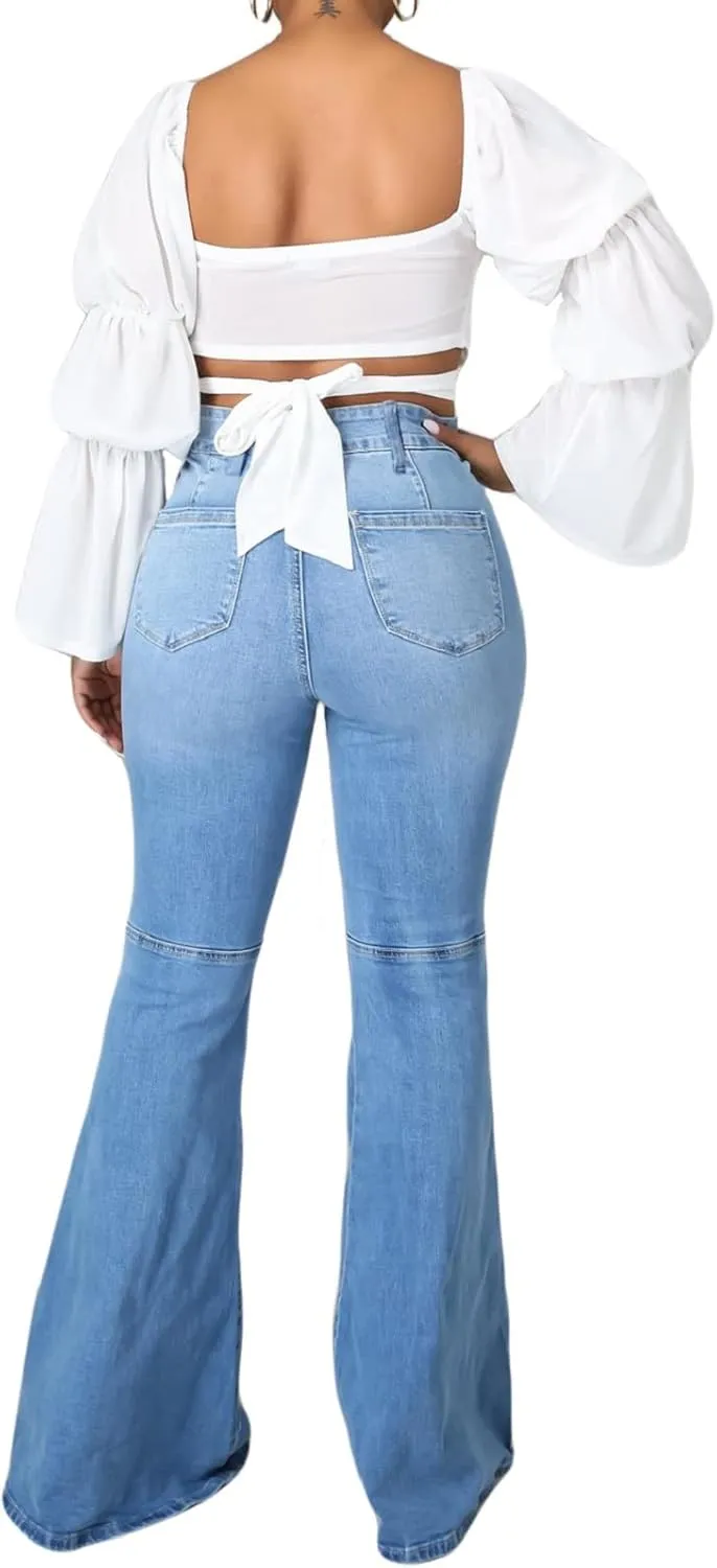 CuteCherry Bell Bottom Jeans for Women Ripped Skinny Bell Bottom Raw Hem Denim Pants