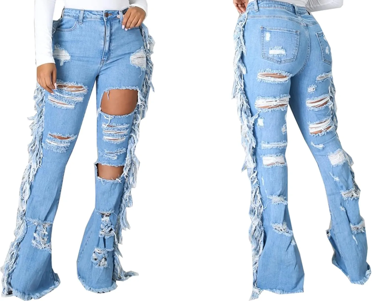 CuteCherry Bell Bottom Jeans for Women Ripped Skinny Bell Bottom Raw Hem Denim Pants