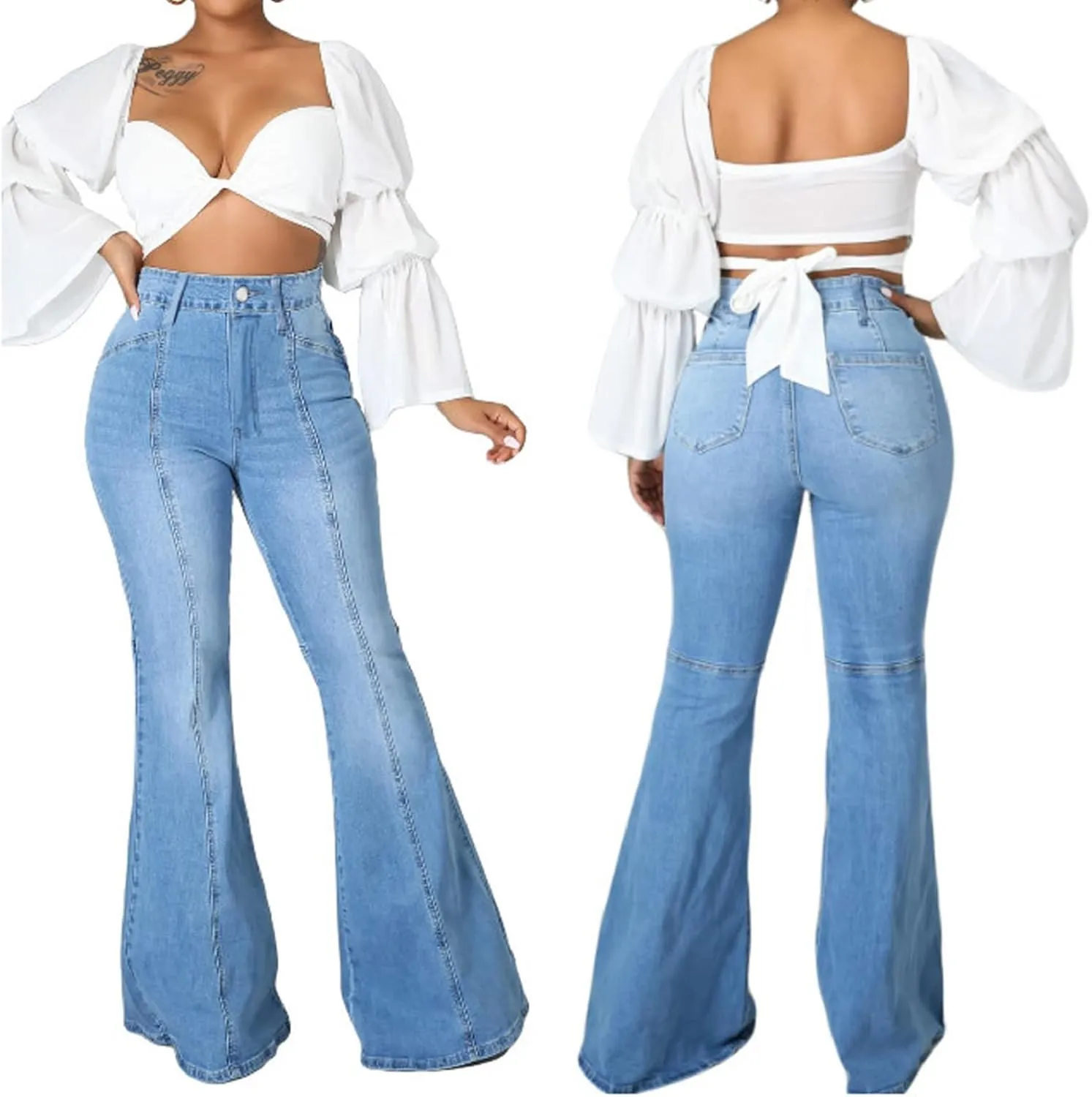 CuteCherry Bell Bottom Jeans for Women Ripped Skinny Bell Bottom Raw Hem Denim Pants