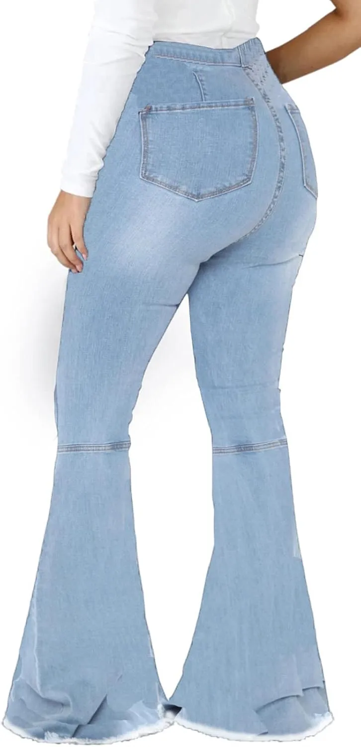 CuteCherry Bell Bottom Jeans for Women Ripped Skinny Bell Bottom Raw Hem Denim Pants