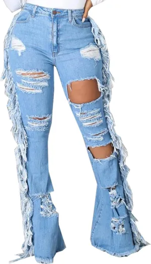 CuteCherry Bell Bottom Jeans for Women Ripped Skinny Bell Bottom Raw Hem Denim Pants