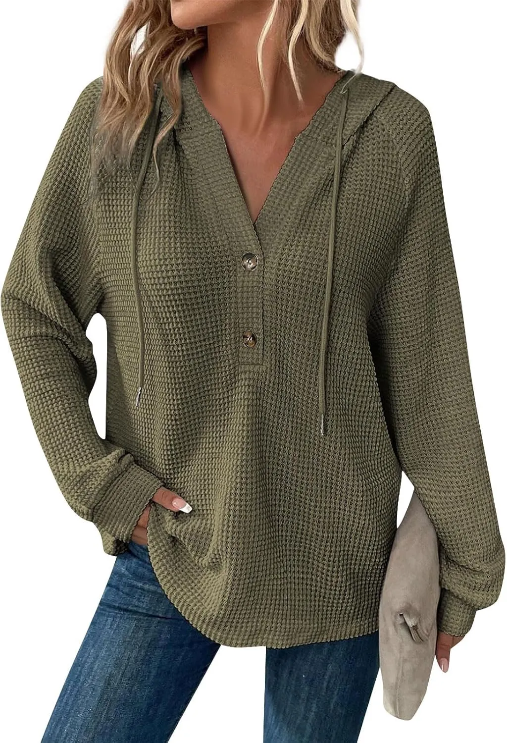 Fall Clothes Women Waffle Knit Button Hoodie Y2K Drawstring Collar Sweatshirt Plus Office Winter Blouses Long Sleeve