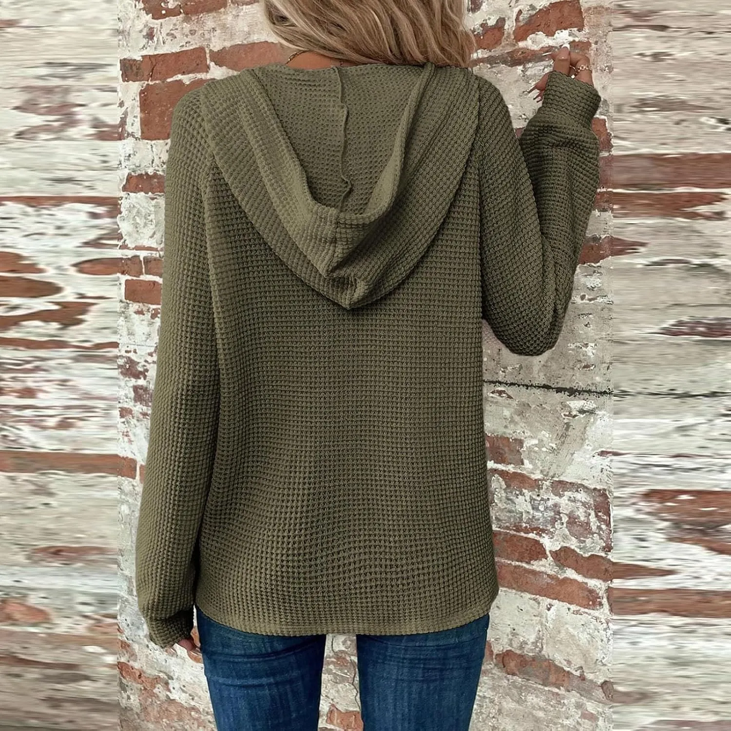 Fall Clothes Women Waffle Knit Button Hoodie Y2K Drawstring Collar Sweatshirt Plus Office Winter Blouses Long Sleeve