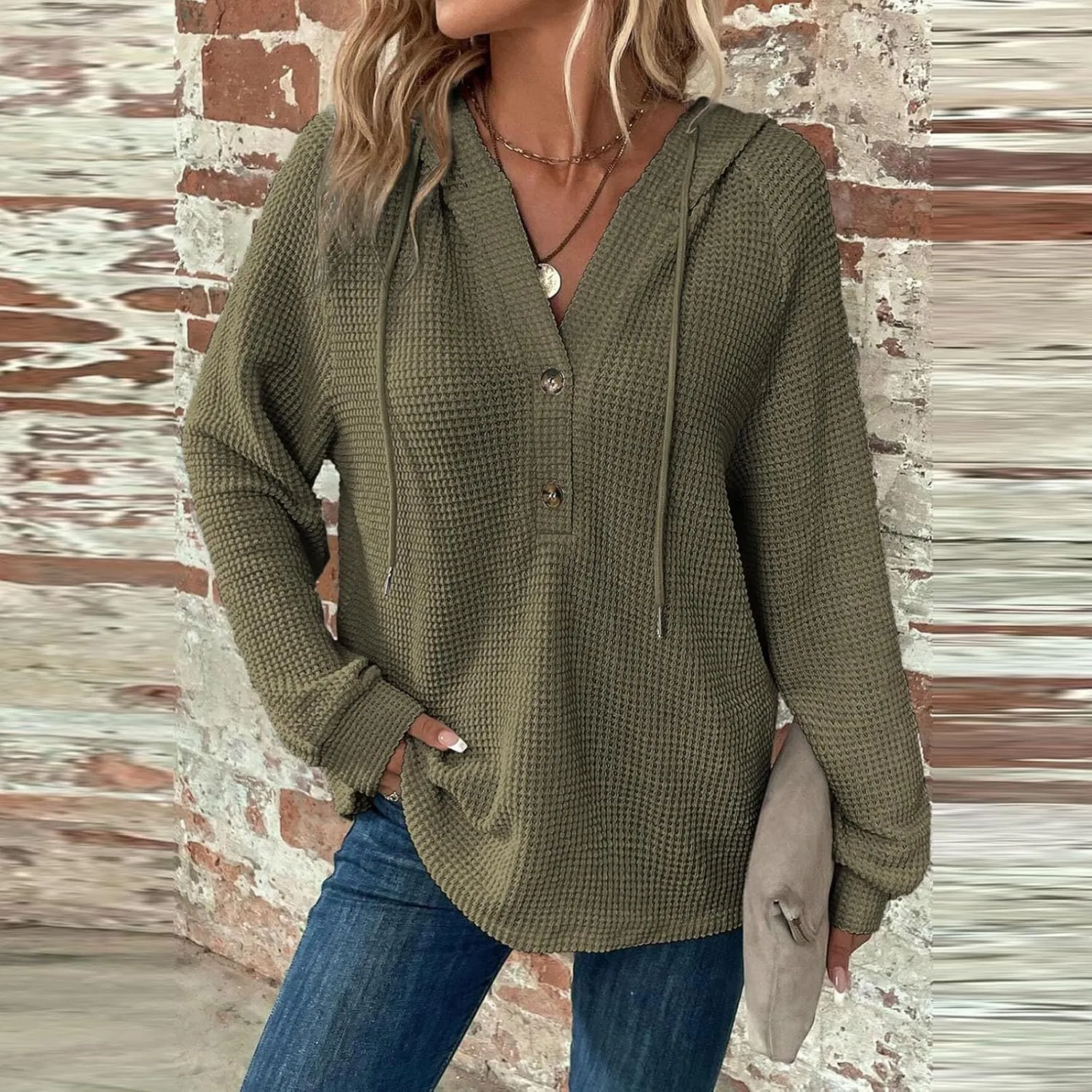 Fall Clothes Women Waffle Knit Button Hoodie Y2K Drawstring Collar Sweatshirt Plus Office Winter Blouses Long Sleeve