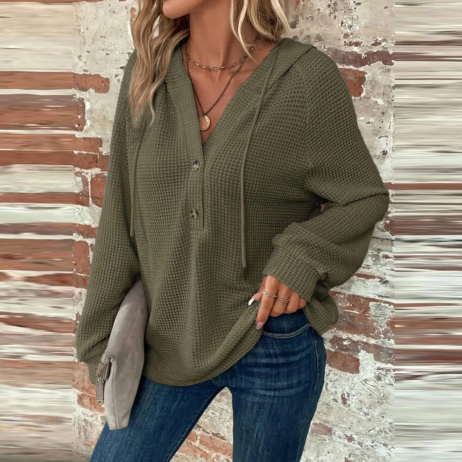 Fall Clothes Women Waffle Knit Button Hoodie Y2K Drawstring Collar Sweatshirt Plus Office Winter Blouses Long Sleeve