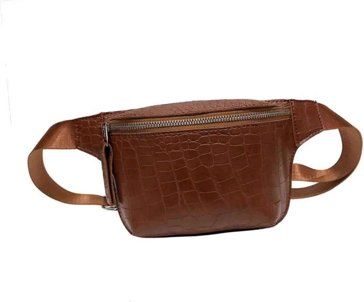 Fashion Women's Slanting Chest Bag Crocodile Pattern PU Waist Pouch Compact Sling Bag with Zipper for Outdoor Activities Travel