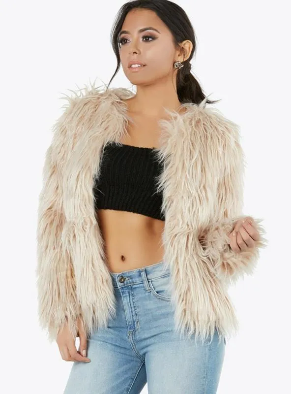 FAUX FUR COATS O-NECK LONG SLEEVE THICK
