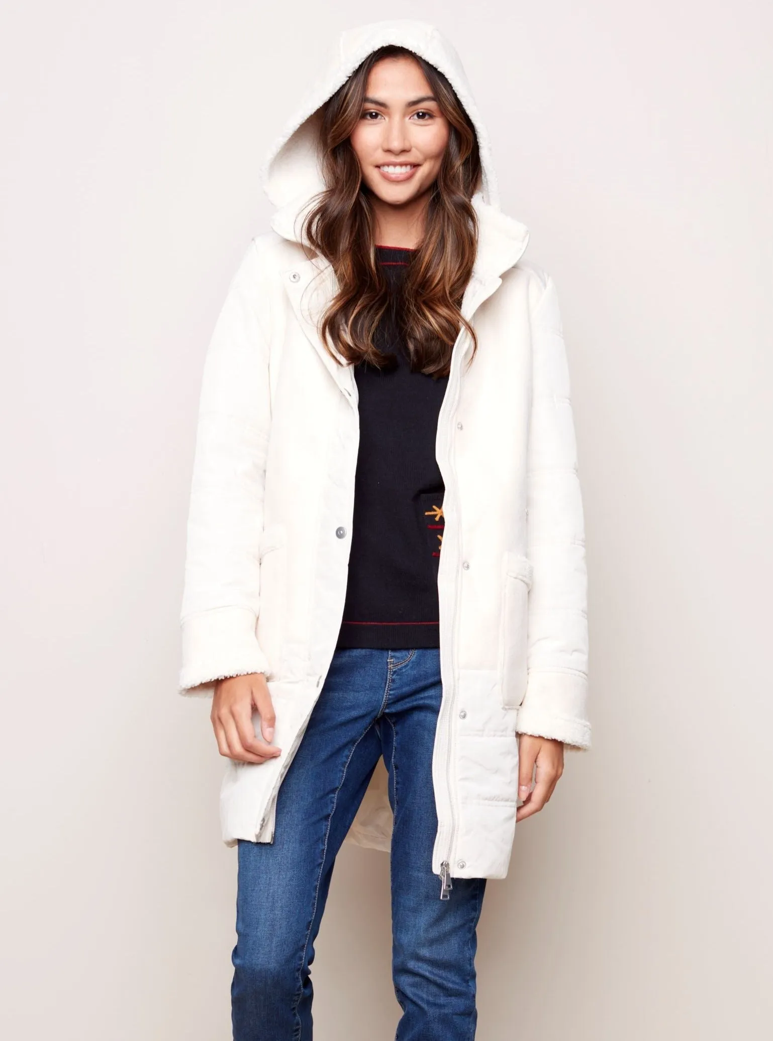 Faux Suede Sherpa Puffer Coat [Ecru-C6222]