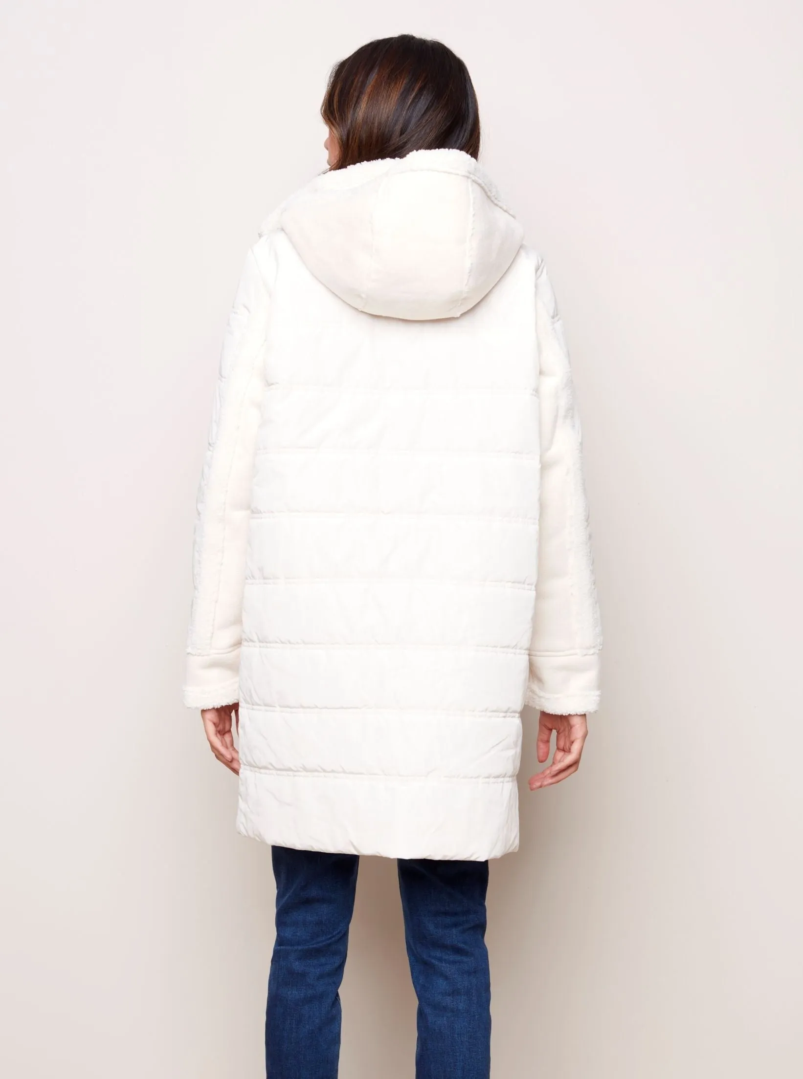 Faux Suede Sherpa Puffer Coat [Ecru-C6222]