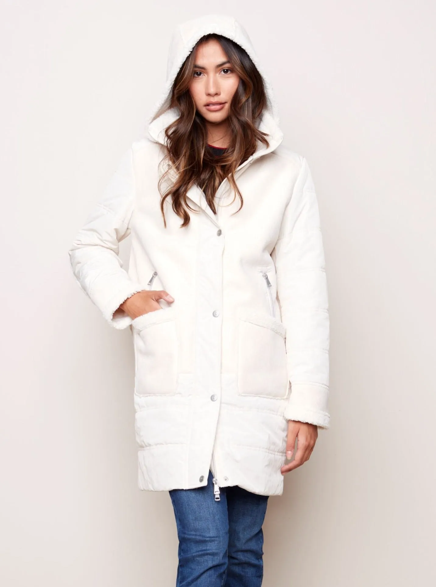 Faux Suede Sherpa Puffer Coat [Ecru-C6222]