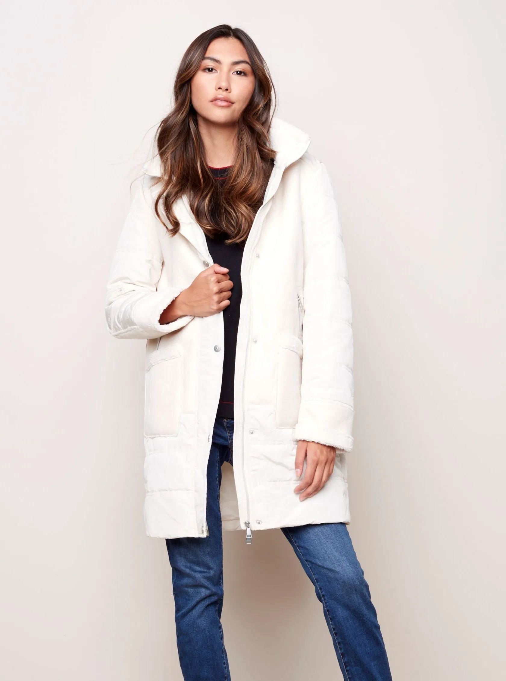 Faux Suede Sherpa Puffer Coat [Ecru-C6222]