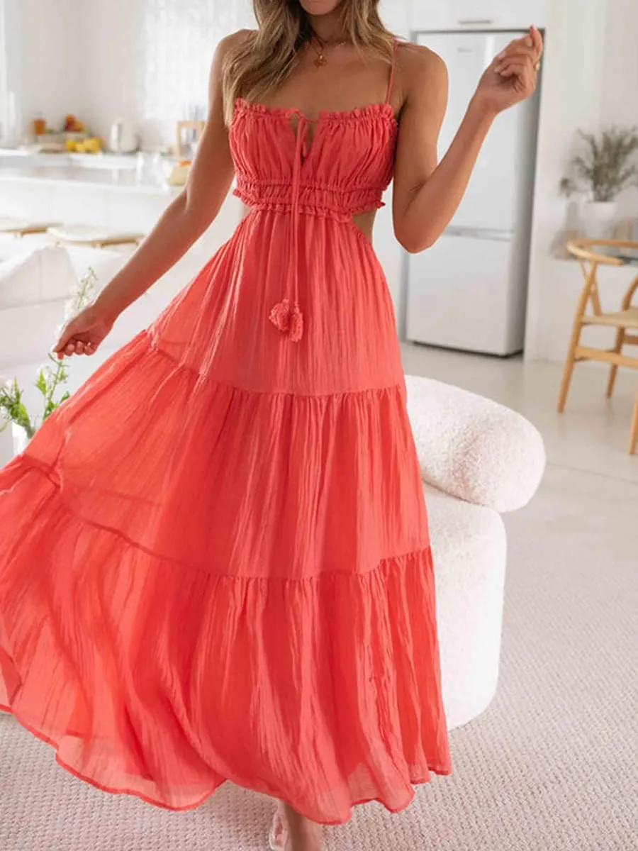 FEORJGP Womens Summer Boho Low Cut Backless Bodycon Midi Dress