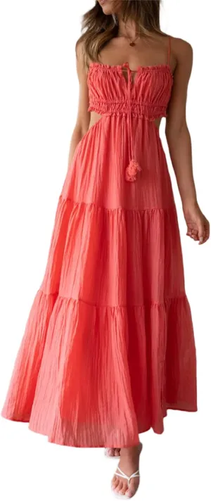 FEORJGP Womens Summer Boho Low Cut Backless Bodycon Midi Dress