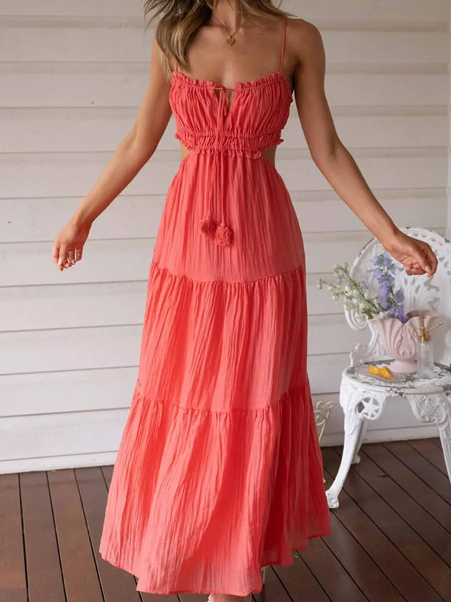 FEORJGP Womens Summer Boho Low Cut Backless Bodycon Midi Dress