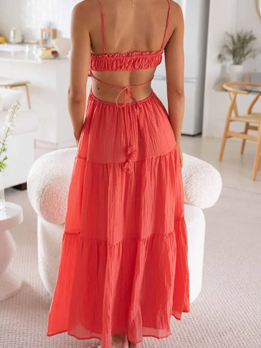 FEORJGP Womens Summer Boho Low Cut Backless Bodycon Midi Dress