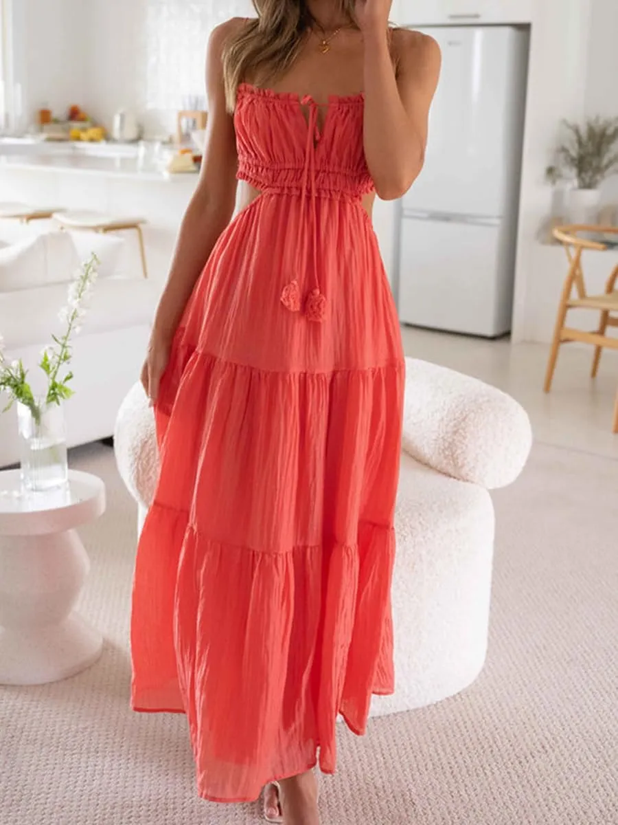 FEORJGP Womens Summer Boho Low Cut Backless Bodycon Midi Dress