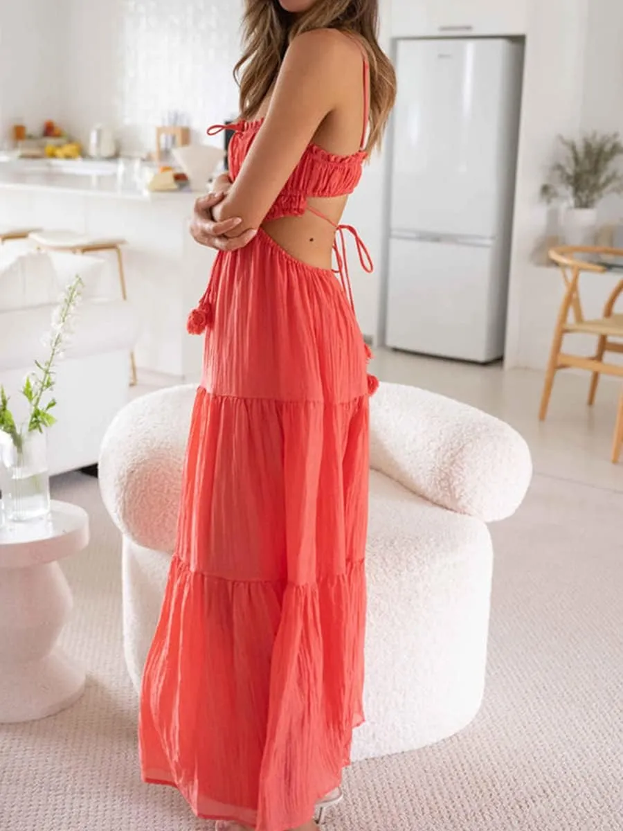 FEORJGP Womens Summer Boho Low Cut Backless Bodycon Midi Dress
