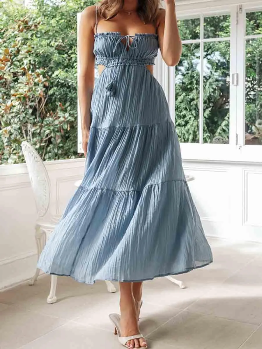 FEORJGP Womens Summer Boho Low Cut Backless Bodycon Midi Dress