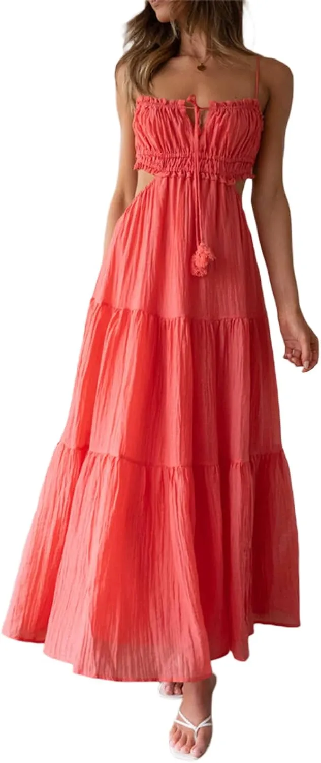 FEORJGP Womens Summer Boho Low Cut Backless Bodycon Midi Dress