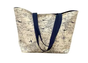 Foldable Travel Tote Grocery Bag Market Shopper Baby Bag Beach Tote Navy Blue Map Airplane Print