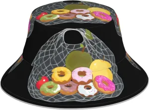 Fruits and Donuts in a net Bag Pattern Reflective Bucket Hat for Men and Women - for Travel, Camping, and Outdoor Activities Black, Black, One Size