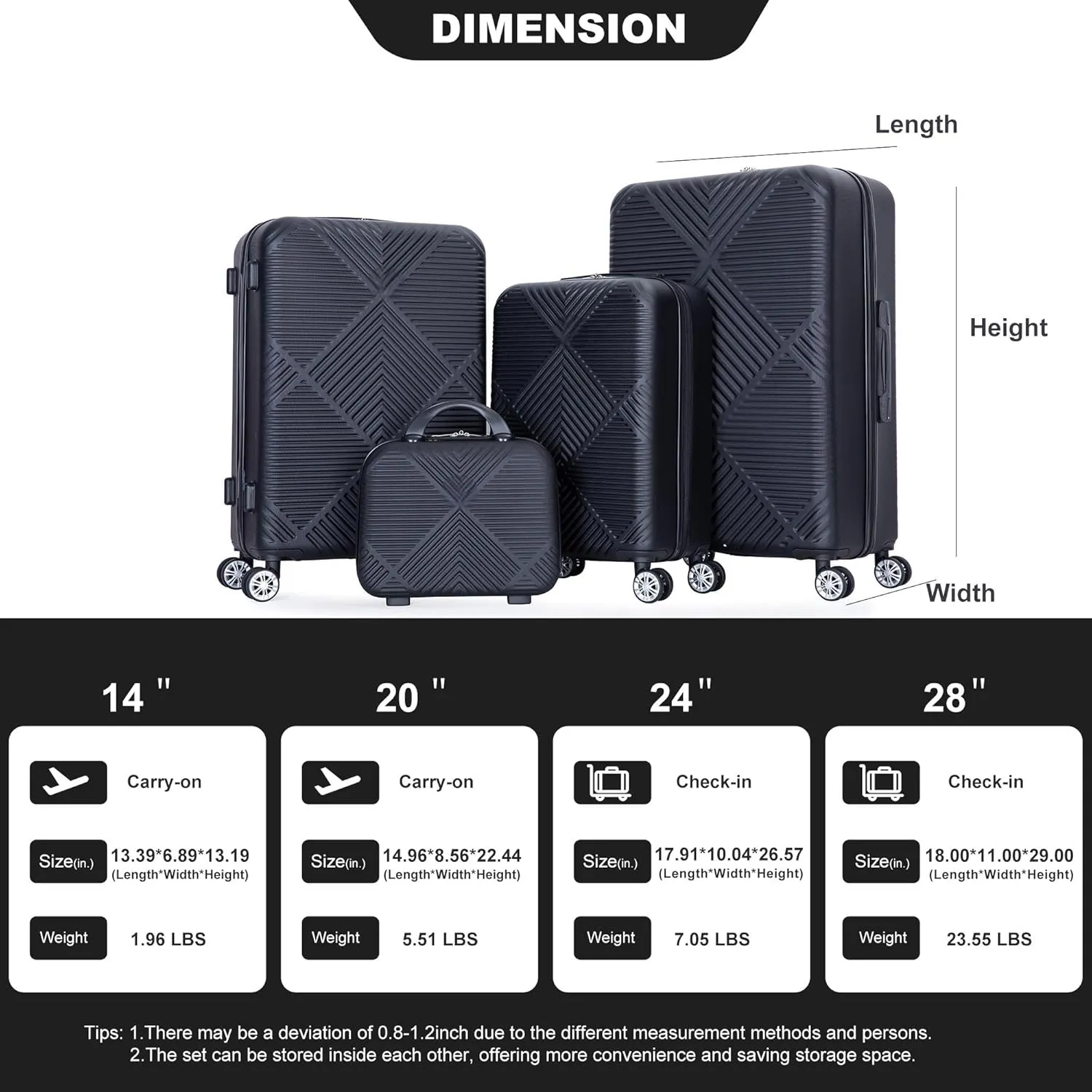 FUNNy elf Lightweight Luggage Set of 4, ABS Suitcase 4-Piece Set with 360 Spinner Wheels & Adjustable Pull Rod, Luggage with Aircraft Wheels Travel Essential (Black)