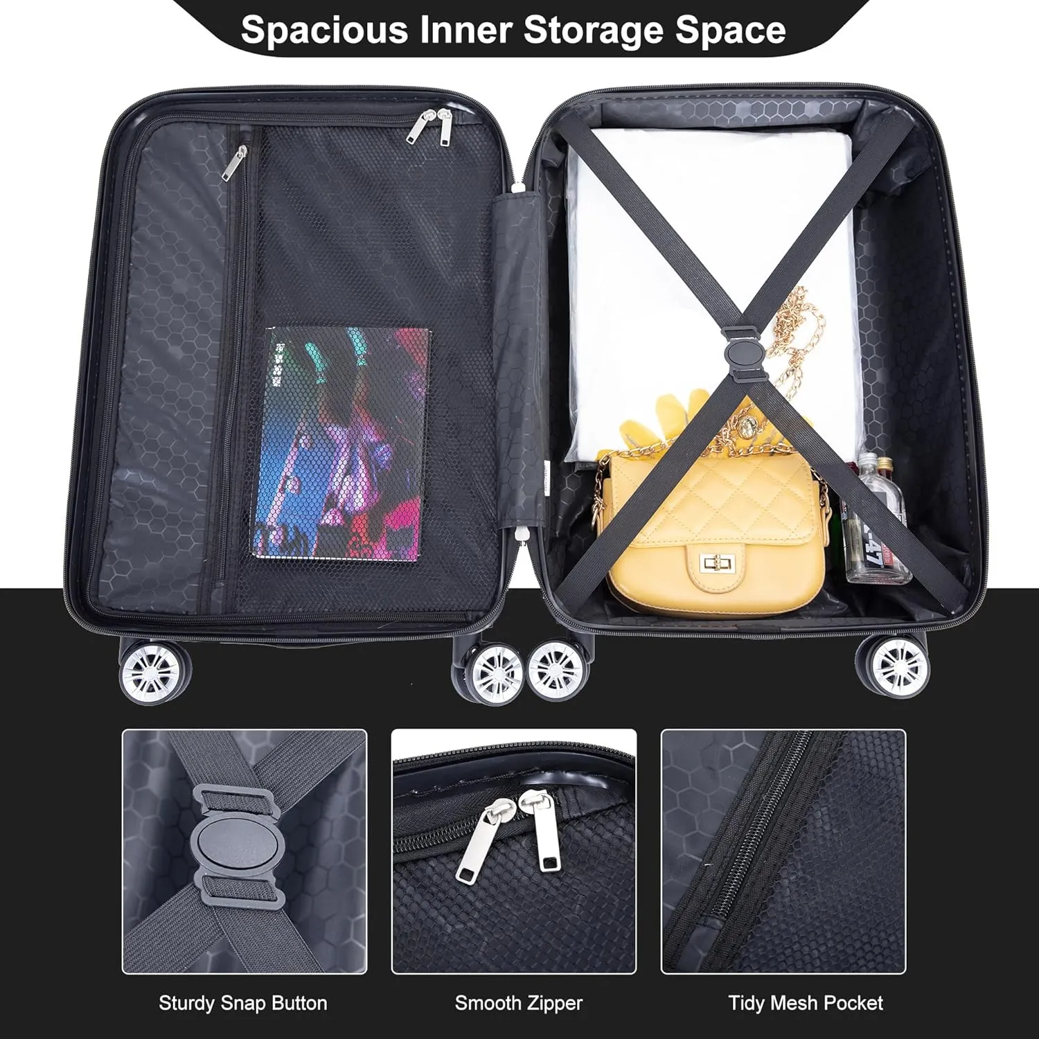 FUNNy elf Lightweight Luggage Set of 4, ABS Suitcase 4-Piece Set with 360 Spinner Wheels & Adjustable Pull Rod, Luggage with Aircraft Wheels Travel Essential (Black)