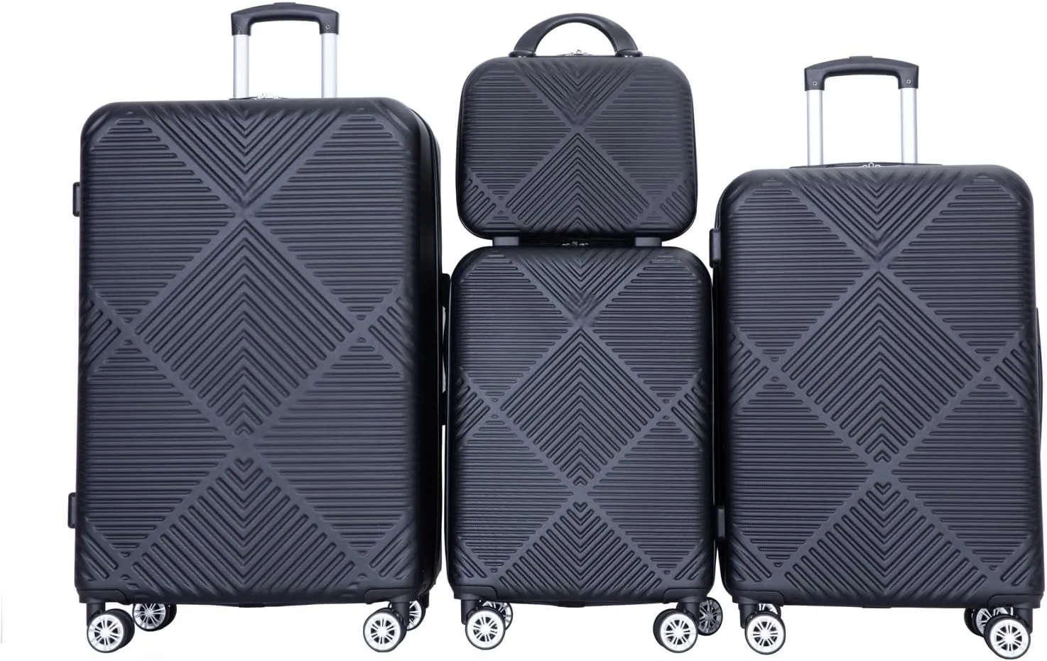 FUNNy elf Lightweight Luggage Set of 4, ABS Suitcase 4-Piece Set with 360 Spinner Wheels & Adjustable Pull Rod, Luggage with Aircraft Wheels Travel Essential (Black)