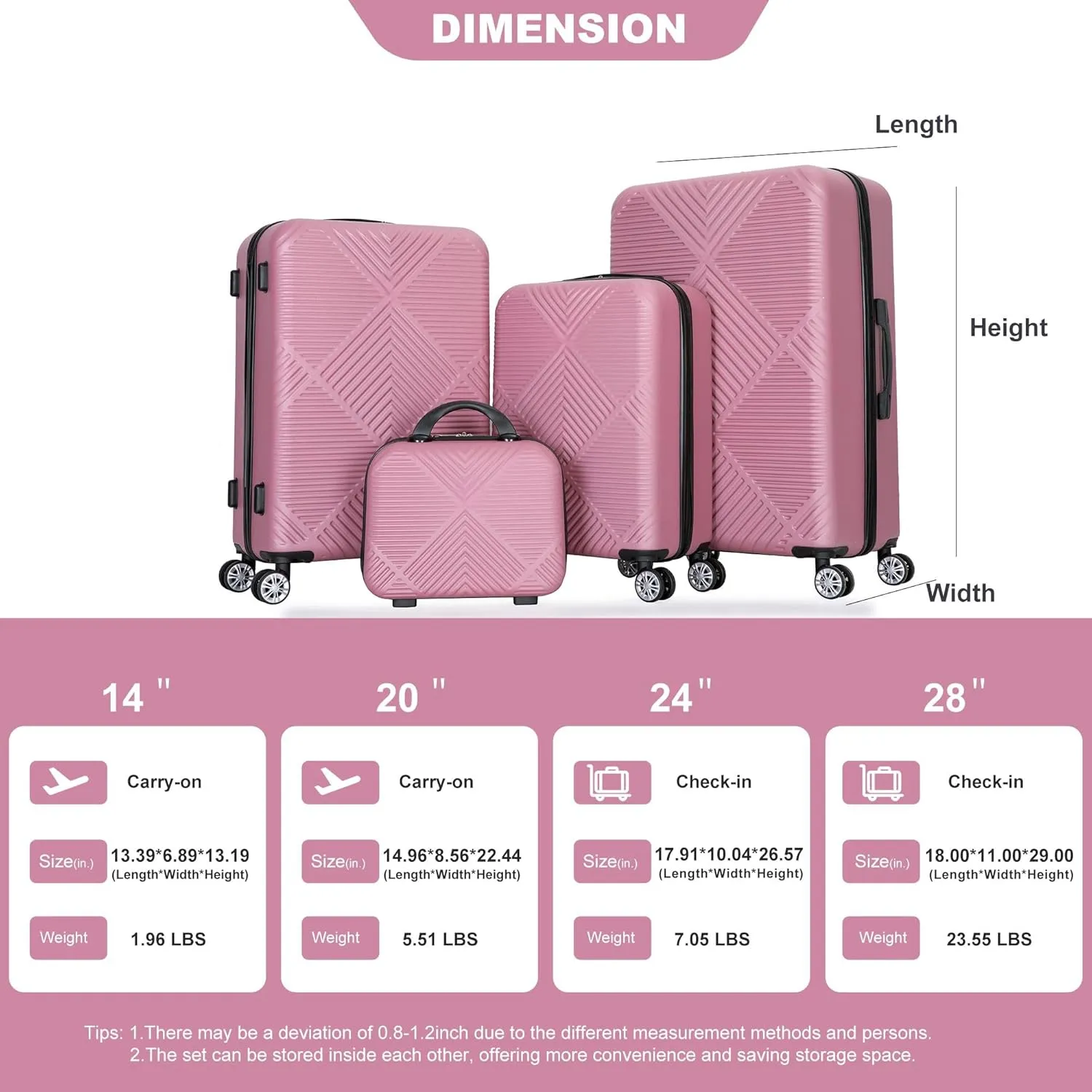 FUNNy elf Lightweight Luggage Set of 4, ABS Suitcase 4-Piece Set with 360 Spinner Wheels & Adjustable Pull Rod, Luggage with Aircraft Wheels Travel Essential (Pink)